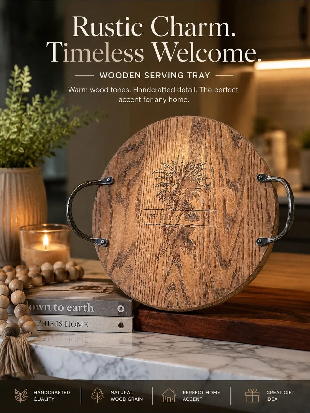 Wooden Serving Tray - Rustic Brown Round Tray with Metal Handles